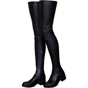 Women's Black Polyurethane Thigh High Over The Knee Rounded Toe Fashion Boots